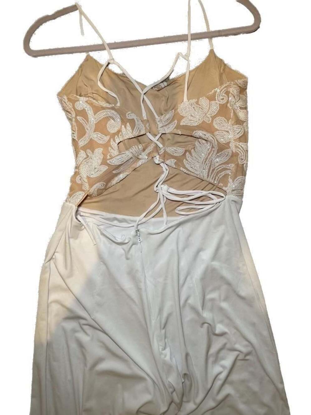 bebe Women's White Sequin Lace-Up Back Jumpsuit Size L